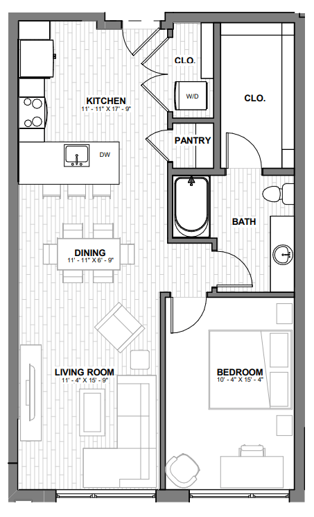 Floor plan for 1 bed, 1 bath, 795 sqft